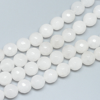 Glass Beads Strands, Faceted, Round, White, 8~9mm, Hole: 1mm, about 45~47pcs/strand, 14.4~15.2 inch