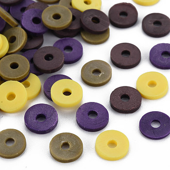 4 Colors Handmade Polymer Clay Beads, Heishi Beads, Disc/Flat Round, Champagne Yellow & Dark Slate Blue & Dark Khaki & Indigo, 8x0.5~1.5mm, Hole: 2mm, about 11500pcs/1000g
