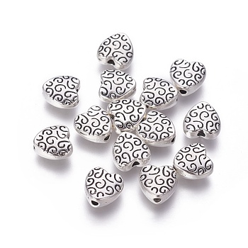 Tibetan Style Alloy Beads, Cadmium Free & Nickel Free & Lead Free, Heart, Antique Silver, 9x9x4mm, Hole: 1.5mm