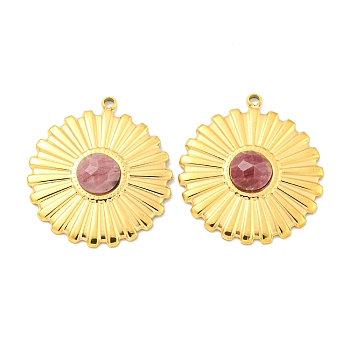 Vacuum Plating 304 Stainless Steel Pendants, Faceted Natural Rhodonite Flower Charms, Real 18K Gold Plated, 24x22x4.5mm, Hole: 1.5mm