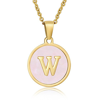Natural Shell Initial Letter Pendant Necklace, with Golden Stainless Steel Cable Chains, Letter W, 17.72 inch(45cm)