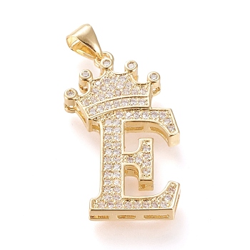 Brass Micro Pave Cubic Zirconia Pendants, Long-Lasting Plated, with Snap on Bail, Letter.E with Crown, Real 18K Gold Plated, Clear, Letter.E, E: 28x17x4mm, Hole: 3x4mm
