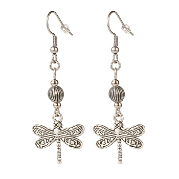 Alloy Dragonfly Dangle Earrings, Long Drop Earrings for Women, Antique Silver, 57mm, Pin: 0.6mm
