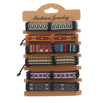 6Pcs 6 Colors PU Leather & Cotton Braided Cord Bracelets Set, Ethnic Tribal Adjustable Bracelets for Women, Brown, Inner Diameter: 2~2-1/2 inch(5.2~6.2cm), 1Pc/color