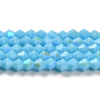 Opaque Solid Color Imitation Jade Glass Beads Strands, AB Color Plated, Faceted, Bicone, Deep Sky Blue, 4x4mm, Hole: 0.8mm, about 87~98pcs/strand, 12.76~14.61 inch(32.4~37.1cm)