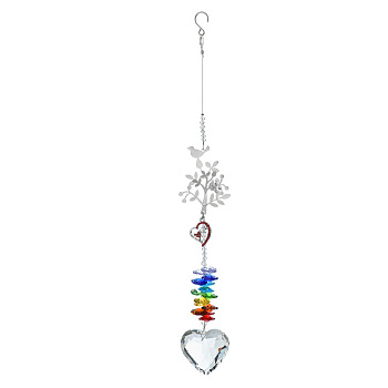 Christmas Glass Heart Pendant Decoration, Hanging Suncatchers, with Iron Findings and Glass Bead, for Window Home Garden Decoration, Tree, 320mm