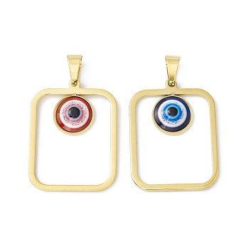 Vacuum Plating 304 Stainless Steel Resin Pendants, Golden, Rectangle Charms with Evil Eye, Mixed Color, 37.5x28x4.5mm, Hole: 9x4.5mm