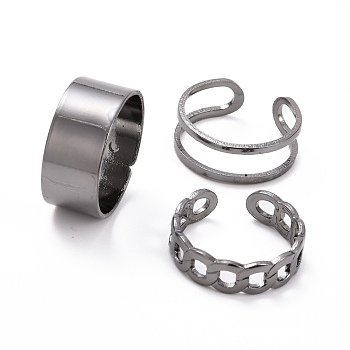 Curb Chain Shape & Wire Wrap Cuff Rings Set, Alloy Wide Band Rings for Women, Gunmetal, Inner Diameter: 17~17.5mm, 3pcs/set