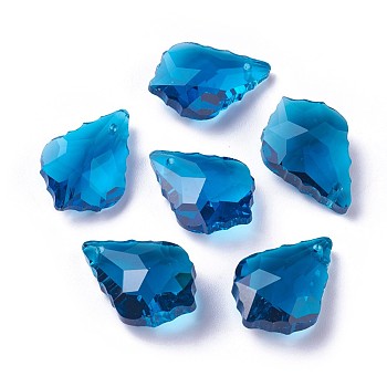 Faceted Glass Pendants, Leaf, Steel Blue, 22x15.5x8.5mm, Hole: 1mm