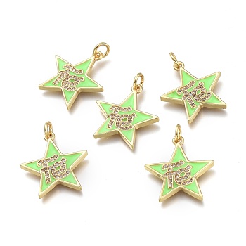Brass Micro Pave Clear Cubic Zirconia Pendants, with Enamel and Jump Rings, Star with Word, Real 18K Gold Plated, Light Green, 20x19x2mm, Hole: 3mm