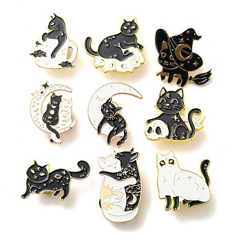 9Pcs 9 Style Cat Enamel Pins, Cute Alloy Enamel Brooches for Backpacks Clothes, Light Gold, Black, 20~35x22~31x9.5mm, 1pc/style