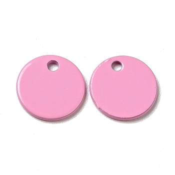 Spray Painted 201 Stainless Steel Charms, Flat Round Charms, Pearl Pink, 8.5x1mm, Hole: 1mm
