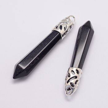Synthetic Blue Goldstone Big Pointed Pendants, with Alloy Findings, Bullet, Platinum, 57~63x13x10mm, Hole: 3x4mm