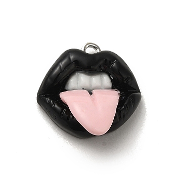 Opaque Resin Pendants, Lip Charms with Platinum Plated Iron Loops, Black, 18.5x18.5x8.5mm, Hole: 2mm