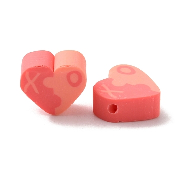 Valentine's Day Theme Handmade Polymer Clay Beads, Heart with Word Xo, Pink, 9~9.5x10.5~11x4mm, Hole: 1.4~1.5mm