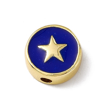 Brass Enamel Beads, Long-Lasting Plated, Cadmium Free & Lead Free, Real 18K Gold Plated, Flat Round with Star, Blue, 11x4.5mm, Hole: 1.8mm