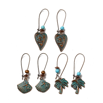 3 Pairs 3 Style Heart & Shell & Coconut Tree Alloy Dangle Earrings Set, Wood & Resin Beaded Long Drop Earrings for Women, Red Copper & Green Patina, 50~56mm, Pin: 0.7~0.8mm, 1 Pair/style
