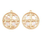 Brass & Natural Shell Pendants, Flat Round with Fleur De Lis Charm, Real 18K Gold Plated, 22.5x20.5x2.5mm, Hole: 1.2mm(SH-CBA7BFE-02B-G)