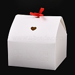 Cardboard Paper Hollow Out House Candy Boxes with Window and Red Polyester Ribbon, White, 16x16x16cm(CON-WH0816-003)