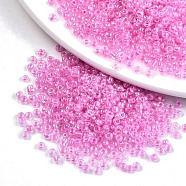 8/0 Glass Seed Beads, Inside Colours, Round Hole, Round, Transparent Colours Rainbow, Pearl Pink, 8/0, 3~4x2~3mm, Hole: 0.8mm, about 1666pcs/50g(X-SEED-A016-3mm-209)