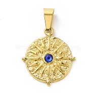 Vacuum Plating 304 Stainless Steel with Capri Blue Rhinestones Pendants, with 201 Stainless Steel Snap On Bails, Flat Round with Sun, Golden, 22x19.5x3mm, Hole: 3.5x7mm(STAS-G261-14G)