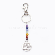Tibetan Style Alloy Keychain, with Natural Gemstone Beads, Iron Key Rings and Alloy Swivel Lobster Claw Clasps, Flat Round with Tree of Life, Mixed Color, 137mm(X-KEYC-JKC00150-01)