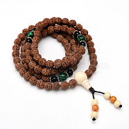 5-Loop Wrap Style Buddhist Jewelry, Rudraksha Mala Bead Bracelets/Necklaces, with 3-Hole Guru Beads(Random Color and Style), Tan, 35-1/2 inch(90cm), Bead: 8~10mm(BJEW-S125-15)