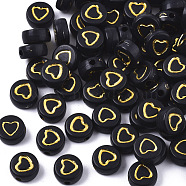 Opaque Acrylic Beads, Flat Round with Heart, Golden Plated, Black, 7x3~4mm, Hole: 1.5mm, about 3700pcs/500g(PACR-N006-004)