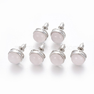 Natural Rose Quartz Stud Earrings, with Brass Findings, Half Round, Platinum, 12mm, Pin: 0.8mm(EJEW-F162-H08)