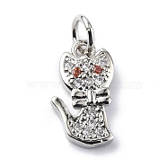 Brass Micro Pave Cubic Zirconia Charms, with Jump Ring, Cat with Bow Charms, Platinum, 13.5x8x2mm, Hole: 3.2mm(ZIRC-F131-07P)
