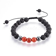 Natural Lava Rock and Non-Magnetic Synthetic Hematite Beads Braided Bead Bracelets, with Natural Carnelian(Dyed), 2-1/8 inch~3 inch(5.3~7.8cm)(BJEW-JB03975-07)