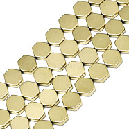 Electroplate Non-magnetic Synthetic Hematite Beads Strands, Hexagon, Real 18K Gold Plated, 7.5x8x2mm, Hole: 0.9mm, about 52~53pcs/strand, 15.75 inch(40cm)(G-S352-61)