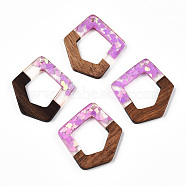 Transparent Resin & Walnut Wood Pendants, Pentagon Charms with Heart Paillettes, Violet, 35.5x32.5x3.5mm, Hole: 2mm(RESI-N039-61A)