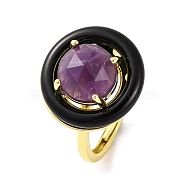 Rack Plating Round Brass Enamel Adjustable Rings, Natural Amethyst Finger Rings for Women, Golden, 18x18mm, Inner Diameter: 17mm(RJEW-U004-01F-G)