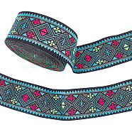 Ethnic Style Rhombus Pattern Polyester Ribbon, Clothing Accessories, Light Sky Blue, 1-1/4 inch(33mm), about 7.66 Yards(7m)/pc(OCOR-WH0047-50A)