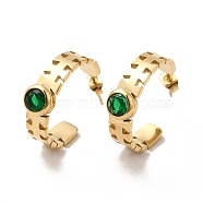 Emerald Rhinestone Geometry Stud Earrings, Ion Plating(IP)304 Stainless Steel Half Hoop Earrings for Women, Golden, 22x7x22mm, Pin: 0.8mm(STAS-H175-18G)