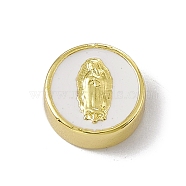 Real 18K Gold Plated Brass Enamel Beads, Long-Lasting Plated, Religion, Cadmium Free & Lead Free, Flat Round with Virgin Mary, White, 11x4.5mm, Hole: 1.8mm(KK-A170-02G-02)