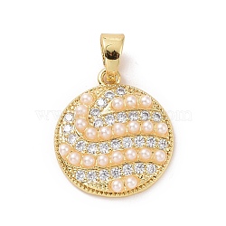 Flat Round Brass Micro Pave Clear Cubic Zirconia Pendants, with Acrylic Imitation Pearl, Cadmium Free & Lead Free, Real 18K Gold Plated, 21x19x4mm, Hole: 4x6mm(KK-G406-23G)
