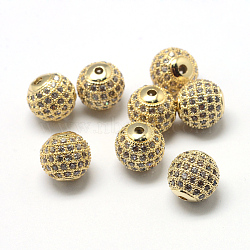 Rack Plating Brass Cubic Zirconia Beads, Long-Lasting Plated, Round, Clear, Golden, 9.5~10x9~9.5mm, Hole: 2mm(X-ZIRC-S001-10mm-A01)