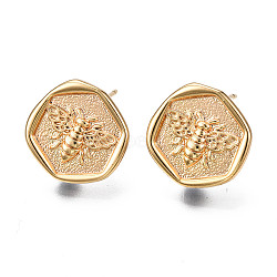 Brass Stud Earring Findings, with Loop, Nickel Free, Real 18K Gold Plated, Flat Round with Bee, 13~13.5x13.5mm, Hole: 2mm, Pin: 0.8mm(KK-T038-462G)