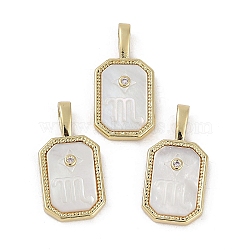 Rack Plating Brass Micro Pave Cubic Zirconia Pendants, with Shell, Long-Lasting Plated, Lead Free & Cadmium Free, Real 18K Gold Plated, Sheild with Twelve Constellations, Scorpio, 20.5x10x2.5mm, Hole: 4.5x2mm(KK-U032-90G-07)