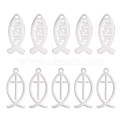 20pcs 2 Style 201 Stainless Steel Pendants, For Easter, Jesus Fish, Stainless Steel Color, 23~36x10~12x1~1.8mm, Hole: 2mm, 10pcs/style(STAS-UN0028-41)