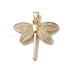 Rack Plating Brass Micro Pave Clear Cubic Zirconia Pendants, Lead Free & Cadmium Free, Long-Lasting Plated, Dragonfly Charm, Real 18K Gold Plated, 25.5x26x3mm, Hole: 5x3mm(KK-H434-44G)