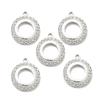 Alloy Rhinestone Pendants, Platinum Tone Hollow Out Flat Round Charms, Crystal, 21x17x2mm, Hole: 1.8mm