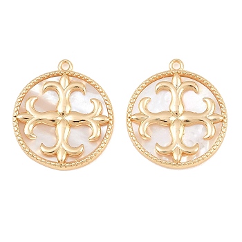 Brass & Natural Shell Pendants, Flat Round with Fleur De Lis Charm, Real 18K Gold Plated, 22.5x20.5x2.5mm, Hole: 1.2mm