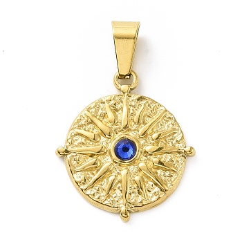 Vacuum Plating 304 Stainless Steel with Capri Blue Rhinestones Pendants, with 201 Stainless Steel Snap On Bails, Flat Round with Sun, Golden, 22x19.5x3mm, Hole: 3.5x7mm