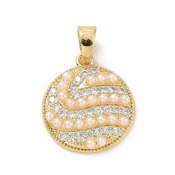 Flat Round Brass Micro Pave Clear Cubic Zirconia Pendants, with Acrylic Imitation Pearl, Cadmium Free & Lead Free, Real 18K Gold Plated, 21x19x4mm, Hole: 4x6mm