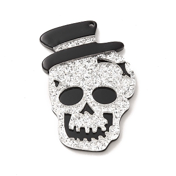 Halloween Acrylic Pendants,  with Sequins, Skull with Hat Charm, Silver, 45x30x4mm, Hole: 2mm