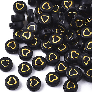 Opaque Acrylic Beads, Flat Round with Heart, Golden Plated, Black, 7x3~4mm, Hole: 1.5mm, about 3700pcs/500g