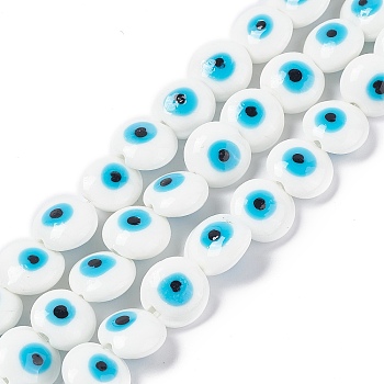 Handmade Evil Eye Lampwork Beads Strands, Flat Round, White, 14~15.5x8mm, Hole: 1~1.4mm, about 14pcs/strand, 12.60 inch(32cm)